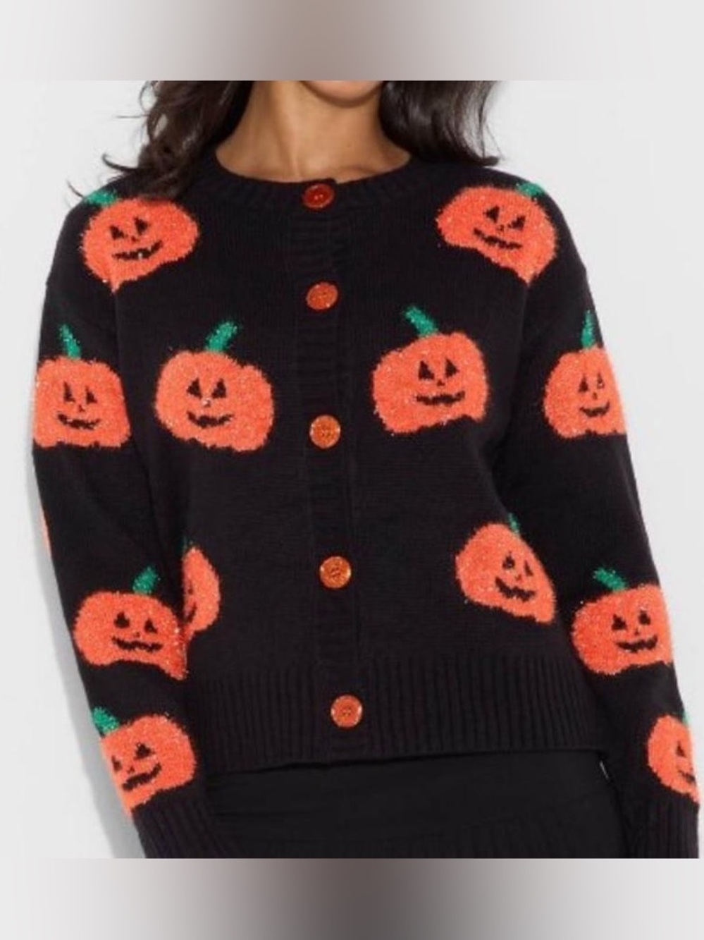 Black Halloween Pumpkin Cardigan Sweater - Orange Pumpkin Print